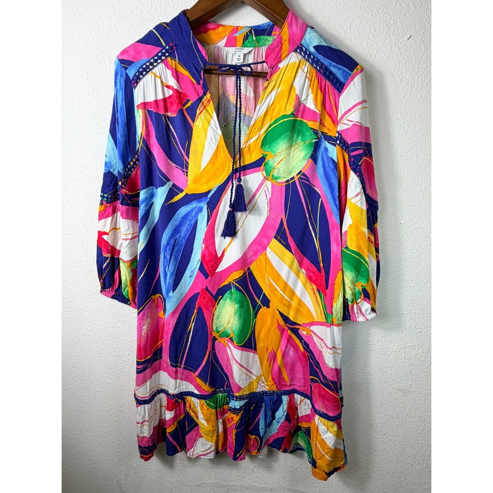 Crown & Ivy Women Dress Multi Color M Tropical Tassel Ruffle Boho Mini